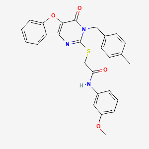 molecular formula C27H23N3O4S B2385705 N-(3-methoxyphenyl)-2-({5-[(4-methylphenyl)methyl]-6-oxo-8-oxa-3,5-diazatricyclo[7.4.0.0^{2,7}]trideca-1(9),2(7),3,10,12-pentaen-4-yl}sulfanyl)acetamide CAS No. 866846-08-4