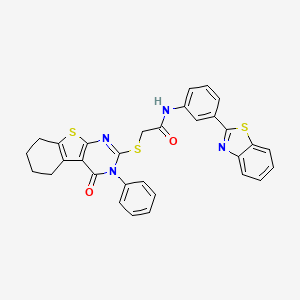 molecular formula C31H24N4O2S3 B2385792 N-[3-(1,3-benzothiazol-2-yl)phenyl]-2-({3-oxo-4-phenyl-8-thia-4,6-diazatricyclo[7.4.0.0^{2,7}]trideca-1(9),2(7),5-trien-5-yl}sulfanyl)acetamide CAS No. 670273-20-8