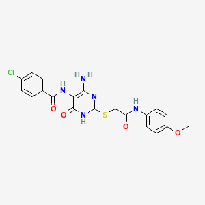 molecular formula C20H18ClN5O4S B2385803 N-(4-amino-2-((2-((4-methoxyphenyl)amino)-2-oxoethyl)thio)-6-oxo-1,6-dihydropyrimidin-5-yl)-4-chlorobenzamide CAS No. 888433-31-6