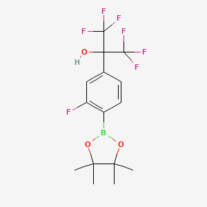 molecular formula C15H16BF7O3 B2385836 1,1,1,3,3,3-Hexafluoro-2-[3-fluoro-4-(4,4,5,5-tetramethyl-1,3,2-dioxaborolan-2-yl)phenyl]propan-2-ol CAS No. 2376598-54-6