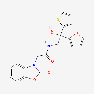 molecular formula C19H16N2O5S B2385837 N-(2-(furan-2-yl)-2-hydroxy-2-(thiophen-2-yl)ethyl)-2-(2-oxobenzo[d]oxazol-3(2H)-yl)acetamide CAS No. 2034484-44-9