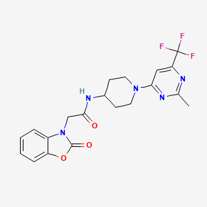 molecular formula C20H20F3N5O3 B2386055 N-(1-(2-methyl-6-(trifluoromethyl)pyrimidin-4-yl)piperidin-4-yl)-2-(2-oxobenzo[d]oxazol-3(2H)-yl)acetamide CAS No. 2034599-01-2
