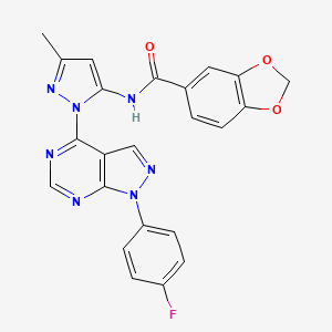 molecular formula C23H16FN7O3 B2386121 N-(1-(1-(4-fluorophenyl)-1H-pyrazolo[3,4-d]pyrimidin-4-yl)-3-methyl-1H-pyrazol-5-yl)benzo[d][1,3]dioxole-5-carboxamide CAS No. 1007010-33-4