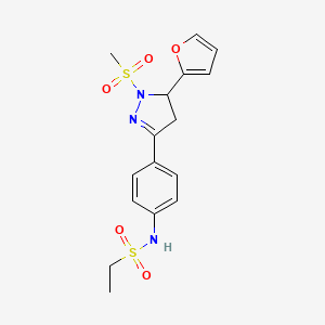 molecular formula C16H19N3O5S2 B2386226 N-{4-[5-(furan-2-yl)-1-methanesulfonyl-4,5-dihydro-1H-pyrazol-3-yl]phenyl}ethane-1-sulfonamide CAS No. 797775-12-3