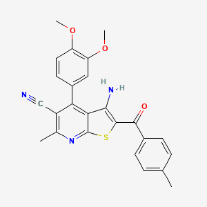 molecular formula C25H21N3O3S B2386317 3-Amino-4-(3,4-dimethoxyphenyl)-6-methyl-2-(4-methylbenzoyl)thieno[2,3-b]pyridine-5-carbonitrile CAS No. 897831-72-0