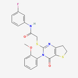 molecular formula C21H18FN3O3S2 B2386340 N-(3-fluorophenyl)-2-{[3-(2-methoxyphenyl)-4-oxo-3H,4H,6H,7H-thieno[3,2-d]pyrimidin-2-yl]sulfanyl}acetamide CAS No. 686772-21-4