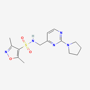 molecular formula C14H19N5O3S B2386341 3,5-dimethyl-N-((2-(pyrrolidin-1-yl)pyrimidin-4-yl)methyl)isoxazole-4-sulfonamide CAS No. 1797224-18-0