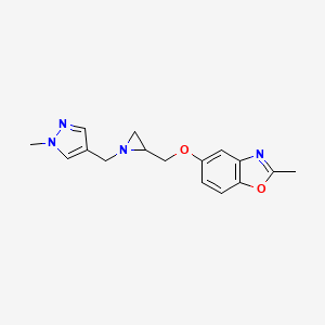molecular formula C16H18N4O2 B2386345 2-Methyl-5-[[1-[(1-methylpyrazol-4-yl)methyl]aziridin-2-yl]methoxy]-1,3-benzoxazole CAS No. 2418726-90-4