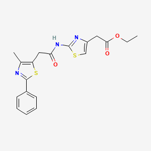 molecular formula C19H19N3O3S2 B2386376 Ethyl 2-(2-(2-(4-methyl-2-phenylthiazol-5-yl)acetamido)thiazol-4-yl)acetate CAS No. 1207058-10-3