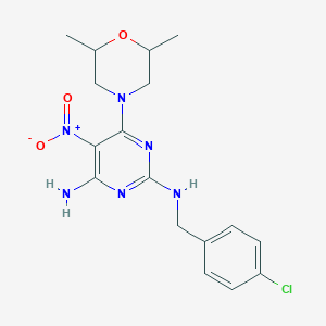 molecular formula C17H21ClN6O3 B2386604 N2-[(4-CHLOROPHENYL)METHYL]-6-(2,6-DIMETHYLMORPHOLIN-4-YL)-5-NITROPYRIMIDINE-2,4-DIAMINE CAS No. 716332-85-3
