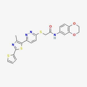 molecular formula C22H18N4O3S3 B2386923 N-(2,3-dihydro-1,4-benzodioxin-6-yl)-2-({6-[4-methyl-2-(thiophen-2-yl)-1,3-thiazol-5-yl]pyridazin-3-yl}sulfanyl)acetamide CAS No. 1115428-64-2