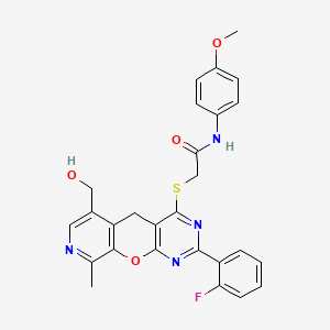 molecular formula C27H23FN4O4S B2387014 2-[[5-(2-fluorophenyl)-11-(hydroxymethyl)-14-methyl-2-oxa-4,6,13-triazatricyclo[8.4.0.03,8]tetradeca-1(10),3(8),4,6,11,13-hexaen-7-yl]sulfanyl]-N-(4-methoxyphenyl)acetamide CAS No. 892386-24-2