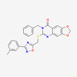 molecular formula C26H20N4O4S B2387019 7-benzyl-6-({[3-(3-methylphenyl)-1,2,4-oxadiazol-5-yl]methyl}sulfanyl)-2H,7H,8H-[1,3]dioxolo[4,5-g]quinazolin-8-one CAS No. 1111973-90-0