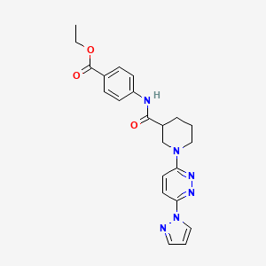 molecular formula C22H24N6O3 B2387051 ethyl 4-(1-(6-(1H-pyrazol-1-yl)pyridazin-3-yl)piperidine-3-carboxamido)benzoate CAS No. 1286733-07-0