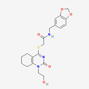 molecular formula C20H23N3O5S B2387075 N-(benzo[d][1,3]dioxol-5-ylmethyl)-2-((1-(2-hydroxyethyl)-2-oxo-1,2,5,6,7,8-hexahydroquinazolin-4-yl)thio)acetamide CAS No. 942013-30-1