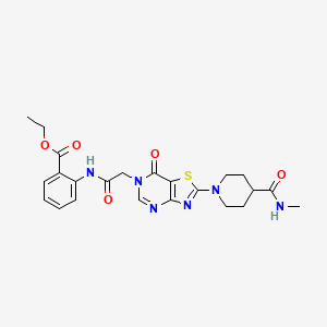 molecular formula C23H26N6O5S B2387076 ethyl 2-(2-{2-[4-(methylcarbamoyl)piperidin-1-yl]-7-oxo-6H,7H-[1,3]thiazolo[4,5-d]pyrimidin-6-yl}acetamido)benzoate CAS No. 1251580-93-4