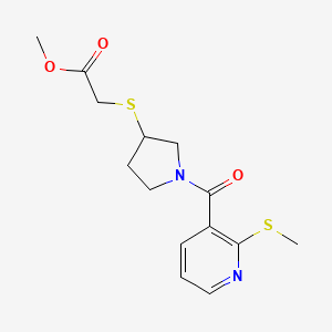 molecular formula C14H18N2O3S2 B2387160 Methyl 2-((1-(2-(methylthio)nicotinoyl)pyrrolidin-3-yl)thio)acetate CAS No. 1798537-93-5