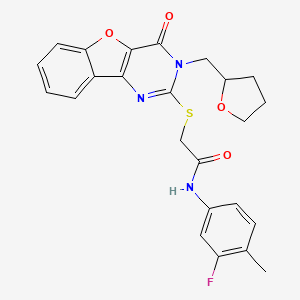 molecular formula C24H22FN3O4S B2387219 N-(3-fluoro-4-methylphenyl)-2-{[4-oxo-3-(tetrahydrofuran-2-ylmethyl)-3,4-dihydro[1]benzofuro[3,2-d]pyrimidin-2-yl]sulfanyl}acetamide CAS No. 899941-96-9