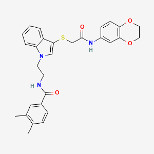 molecular formula C29H29N3O4S B2387431 N-{2-[3-({[(2,3-dihydro-1,4-benzodioxin-6-yl)carbamoyl]methyl}sulfanyl)-1H-indol-1-yl]ethyl}-3,4-dimethylbenzamide CAS No. 532974-98-4