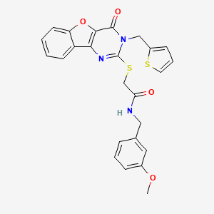 molecular formula C25H21N3O4S2 B2387563 N-(3-methoxybenzyl)-2-{[4-oxo-3-(thiophen-2-ylmethyl)-3,4-dihydro[1]benzofuro[3,2-d]pyrimidin-2-yl]sulfanyl}acetamide CAS No. 900002-73-5
