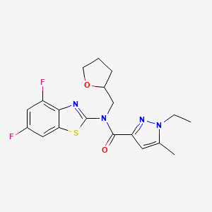 molecular formula C19H20F2N4O2S B2387648 N-(4,6-difluorobenzo[d]thiazol-2-yl)-1-ethyl-5-methyl-N-((tetrahydrofuran-2-yl)methyl)-1H-pyrazole-3-carboxamide CAS No. 1171025-61-8