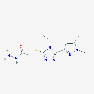 molecular formula C11H17N7OS B2388727 2-{[5-(1,5-Dimethyl-1H-pyrazol-3-YL)-4-ethyl-4H-1,2,4-triazol-3-YL]thio}acetohydrazide CAS No. 1001559-41-6
