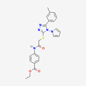 molecular formula C24H23N5O3S B2389044 ethyl 4-[({[5-(3-methylphenyl)-4-(1H-pyrrol-1-yl)-4H-1,2,4-triazol-3-yl]sulfanyl}acetyl)amino]benzoate CAS No. 886929-81-3