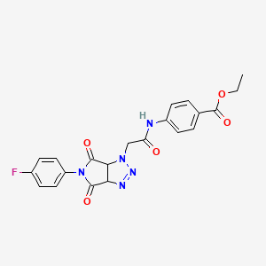 molecular formula C21H18FN5O5 B2389346 ethyl 4-{2-[5-(4-fluorophenyl)-4,6-dioxo-1H,3aH,4H,5H,6H,6aH-pyrrolo[3,4-d][1,2,3]triazol-1-yl]acetamido}benzoate CAS No. 1052605-92-1