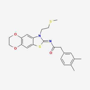 molecular formula C22H24N2O3S2 B2389368 2-(3,4-dimethylphenyl)-N-[3-(2-methylsulfanylethyl)-6,7-dihydro-[1,4]dioxino[2,3-f][1,3]benzothiazol-2-ylidene]acetamide CAS No. 1005966-47-1