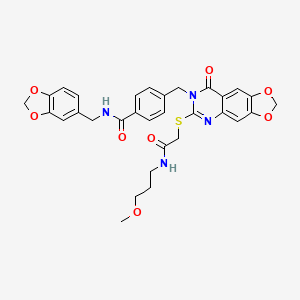 molecular formula C31H30N4O8S B2389400 N-[(2H-1,3-benzodioxol-5-yl)methyl]-4-{[6-({[(3-methoxypropyl)carbamoyl]methyl}sulfanyl)-8-oxo-2H,7H,8H-[1,3]dioxolo[4,5-g]quinazolin-7-yl]methyl}benzamide CAS No. 688061-96-3