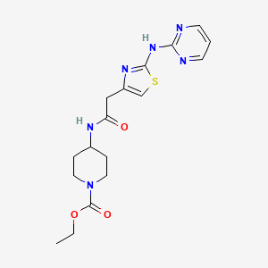 molecular formula C17H22N6O3S B2389476 Ethyl 4-(2-(2-(pyrimidin-2-ylamino)thiazol-4-yl)acetamido)piperidine-1-carboxylate CAS No. 1226429-72-6