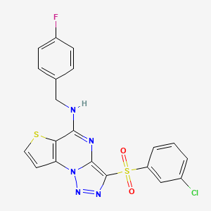 molecular formula C20H13ClFN5O2S2 B2389517 10-(3-chlorobenzenesulfonyl)-N-[(4-fluorophenyl)methyl]-5-thia-1,8,11,12-tetraazatricyclo[7.3.0.0^{2,6}]dodeca-2(6),3,7,9,11-pentaen-7-amine CAS No. 899723-79-6