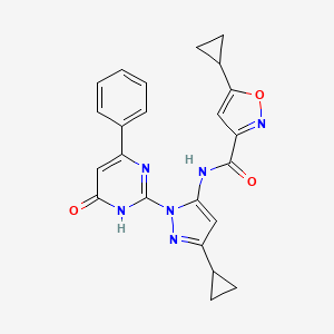 molecular formula C23H20N6O3 B2389605 5-cyclopropyl-N-(3-cyclopropyl-1-(6-oxo-4-phenyl-1,6-dihydropyrimidin-2-yl)-1H-pyrazol-5-yl)isoxazole-3-carboxamide CAS No. 1207021-41-7