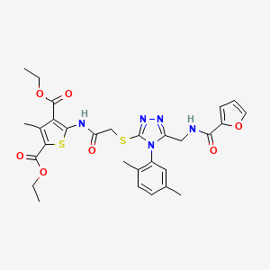 molecular formula C29H31N5O7S2 B2389615 Diethyl 5-[[2-[[4-(2,5-dimethylphenyl)-5-[(furan-2-carbonylamino)methyl]-1,2,4-triazol-3-yl]sulfanyl]acetyl]amino]-3-methylthiophene-2,4-dicarboxylate CAS No. 393806-73-0