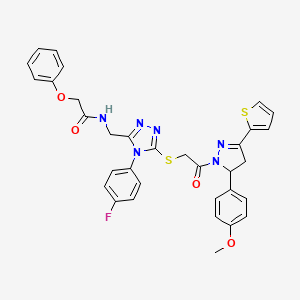 molecular formula C33H29FN6O4S2 B2389632 N-((4-(4-fluorophenyl)-5-((2-(5-(4-methoxyphenyl)-3-(thiophen-2-yl)-4,5-dihydro-1H-pyrazol-1-yl)-2-oxoethyl)thio)-4H-1,2,4-triazol-3-yl)methyl)-2-phenoxyacetamide CAS No. 393585-11-0