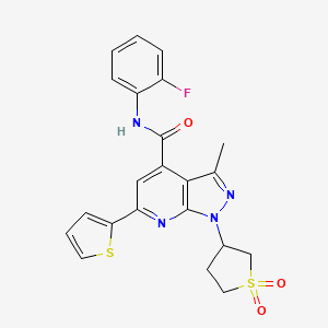 molecular formula C22H19FN4O3S2 B2389659 1-(1,1-二氧化四氢噻吩-3-基)-N-(2-氟苯基)-3-甲基-6-(噻吩-2-基)-1H-吡唑并[3,4-b]吡啶-4-甲酰胺 CAS No. 1105245-71-3
