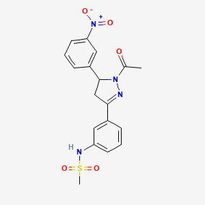 molecular formula C18H18N4O5S B2389667 N-{3-[1-acetyl-5-(3-nitrophenyl)-4,5-dihydro-1H-pyrazol-3-yl]phenyl}methanesulfonamide CAS No. 851719-02-3