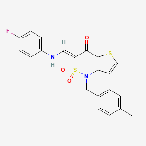 molecular formula C21H17FN2O3S2 B2389688 (3Z)-3-{[(4-fluorophenyl)amino]methylene}-1-(4-methylbenzyl)-1H-thieno[3,2-c][1,2]thiazin-4(3H)-one 2,2-dioxide CAS No. 894673-85-9