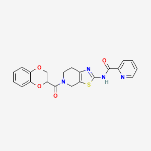 molecular formula C21H18N4O4S B2389707 N-(5-(2,3-dihydrobenzo[b][1,4]dioxine-2-carbonyl)-4,5,6,7-tetrahydrothiazolo[5,4-c]pyridin-2-yl)picolinamide CAS No. 1421468-19-0
