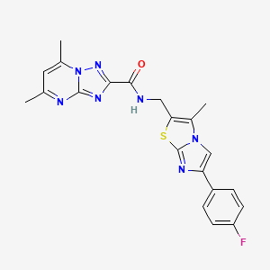 molecular formula C21H18FN7OS B2389714 N-((6-(4-fluorophenyl)-3-methylimidazo[2,1-b]thiazol-2-yl)methyl)-5,7-dimethyl-[1,2,4]triazolo[1,5-a]pyrimidine-2-carboxamide CAS No. 1421468-99-6