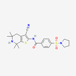molecular formula C23H28N4O3S2 B2389765 N-(3-cyano-5,5,7,7-tetramethyl-4,5,6,7-tetrahydrothieno[2,3-c]pyridin-2-yl)-4-(pyrrolidin-1-ylsulfonyl)benzamide CAS No. 681438-91-5