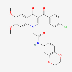 molecular formula C28H23ClN2O7 B2389847 2-[3-(4-chlorobenzoyl)-6,7-dimethoxy-4-oxo-1,4-dihydroquinolin-1-yl]-N-(2,3-dihydro-1,4-benzodioxin-6-yl)acetamide CAS No. 866808-37-9