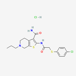 molecular formula C19H23Cl2N3O2S2 B2389909 2-(2-((4-Chlorophenyl)thio)acetamido)-6-propyl-4,5,6,7-tetrahydrothieno[2,3-c]pyridine-3-carboxamide hydrochloride CAS No. 1329637-54-8