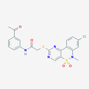 molecular formula C21H17ClN4O4S2 B2390153 N-(3-acetylphenyl)-2-({12-chloro-9-methyl-8,8-dioxo-8lambda6-thia-3,5,9-triazatricyclo[8.4.0.0^{2,7}]tetradeca-1(14),2(7),3,5,10,12-hexaen-4-yl}sulfanyl)acetamide CAS No. 1115413-84-7