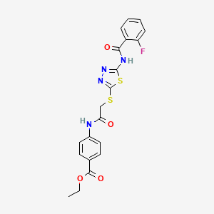 molecular formula C20H17FN4O4S2 B2390163 Ethyl 4-(2-((5-(2-fluorobenzamido)-1,3,4-thiadiazol-2-yl)thio)acetamido)benzoate CAS No. 392293-22-0