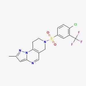 molecular formula C17H14ClF3N4O2S B2390279 7-((4-Chloro-3-(trifluoromethyl)phenyl)sulfonyl)-2-methyl-6,7,8,9-tetrahydropyrazolo[1,5-a]pyrido[3,4-e]pyrimidine CAS No. 1797875-56-9