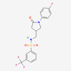 molecular formula C18H16F4N2O3S B2390384 N-((1-(4-fluorophenyl)-5-oxopyrrolidin-3-yl)methyl)-3-(trifluoromethyl)benzenesulfonamide CAS No. 954633-61-5