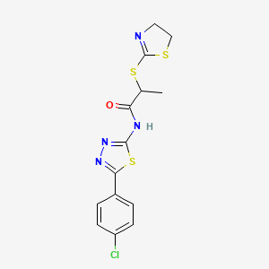 molecular formula C14H13ClN4OS3 B2390389 N-[5-(4-chlorophenyl)-1,3,4-thiadiazol-2-yl]-2-(4,5-dihydro-1,3-thiazol-2-ylsulfanyl)propanamide CAS No. 394234-24-3