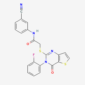 molecular formula C21H13FN4O2S2 B2390402 N-(3-cyanophenyl)-2-{[3-(2-fluorophenyl)-4-oxo-3,4-dihydrothieno[3,2-d]pyrimidin-2-yl]sulfanyl}acetamide CAS No. 1261000-30-9