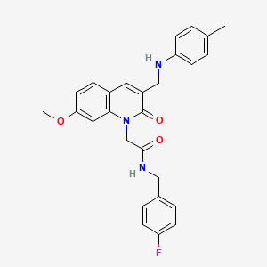 molecular formula C27H26FN3O3 B2390564 N-(4-fluorobenzyl)-2-(7-methoxy-2-oxo-3-((p-tolylamino)methyl)quinolin-1(2H)-yl)acetamide CAS No. 932359-16-5